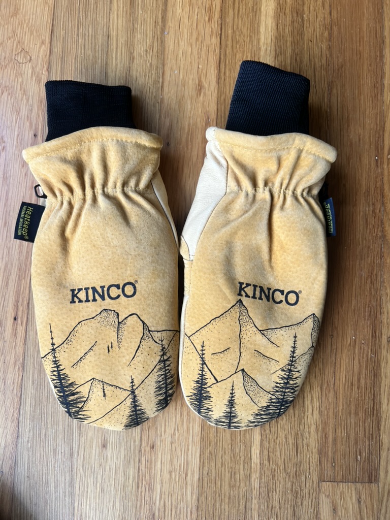 Custom ski gloves with mountain design on wood floor