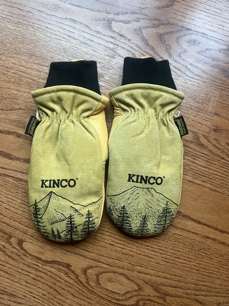Custom ski gloves with mountain design on darker wood floor